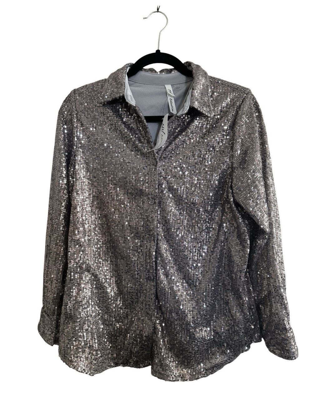 NY COLLECTION Silver Long Sleeve Sequin Mesh Button Up Blouse Large NWT